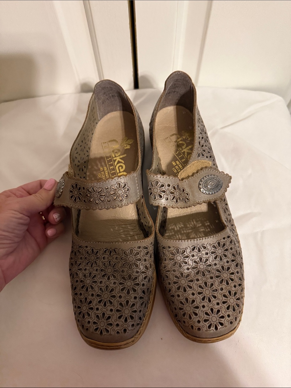 Rieker Taupe Floral Cutout Mary Jane Clogs